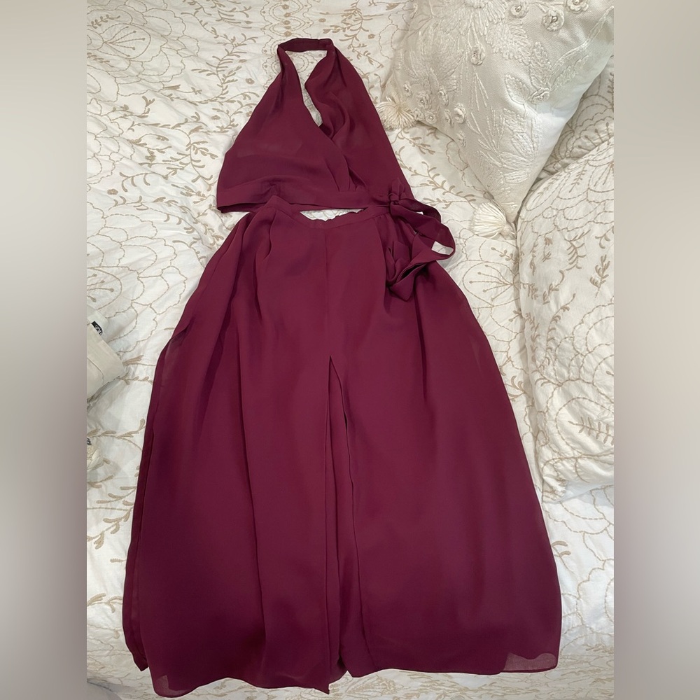 Vintage Burgundy Halter 2 piece split skirt culotte and sheer wrap top M